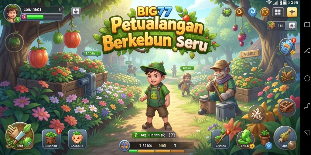 Tangkapan layar gameplay BIG77 yang menampilkan kebun yang indah.