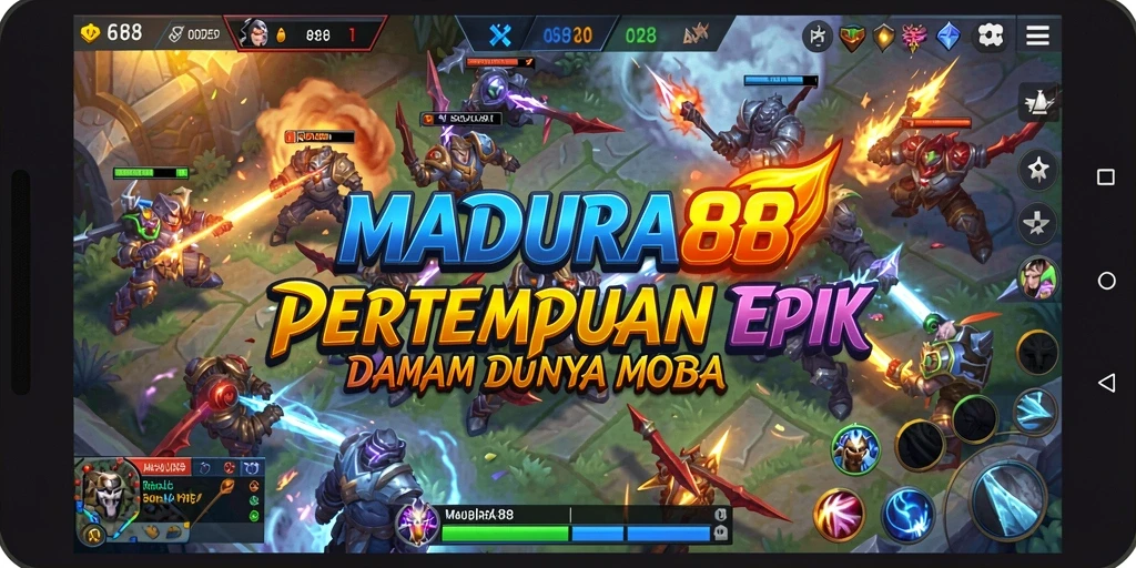 Screenshot menunjukkan pertarungan epik dalam permainan MOBA MADURA88.