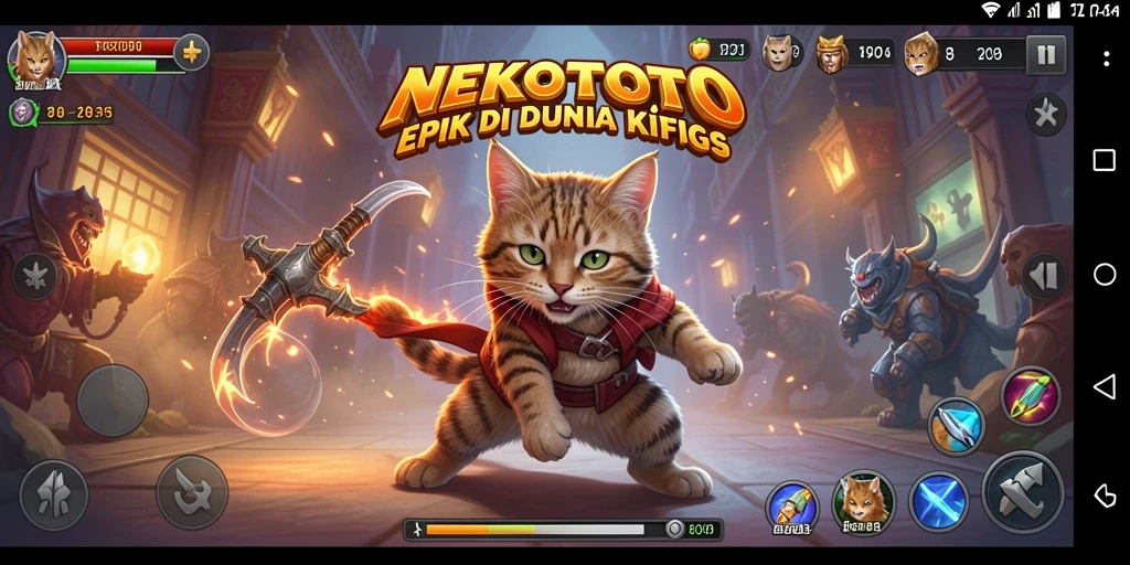 Tangkapan layar NEKOTOTO menampilkan aksi seru pertarungan kucing.
