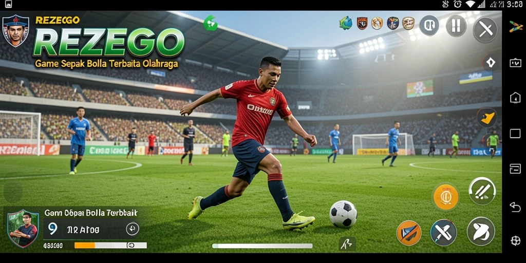Gameplay seru dalam REZEGO yang menampilkan aksi sepak bola nyata.